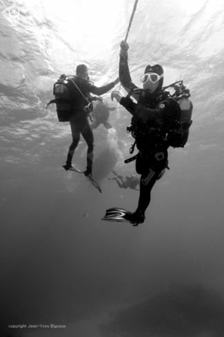 A Divers on a deco stop with moderatre currents .Balaclava,Mauritius